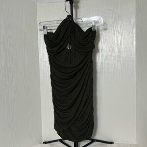 ZARA SHORT FITTED CUT-OUT DRAPED HALTER DRESS DARK KHAKI GREEN WOMENS SMALL